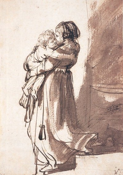 Mujer bajando las escaleras con un niño de Rembrandt van Rijn